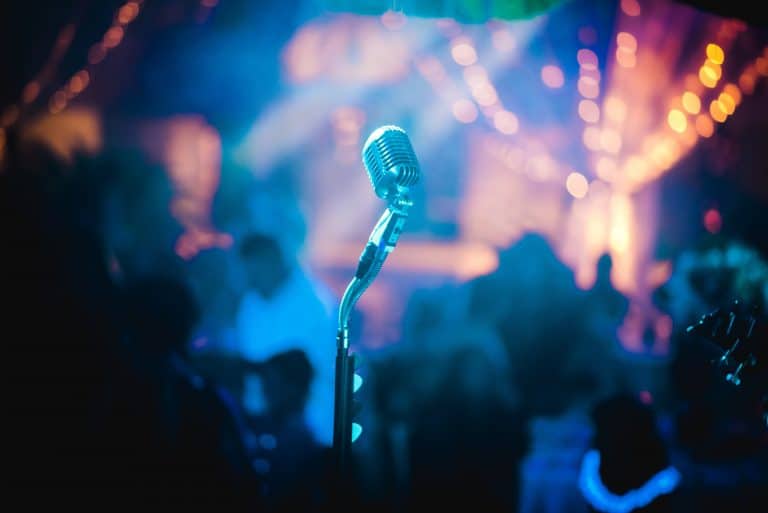 Microphone at a crowded concert venue.